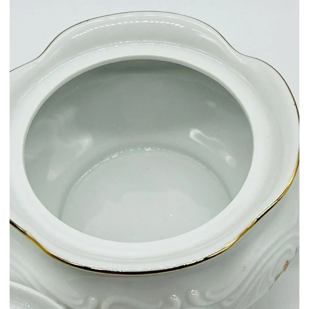 Wawel China Rose Garden Sugar‎ Bowl with Lid Poland Embossed Gold Gilt 5 inch